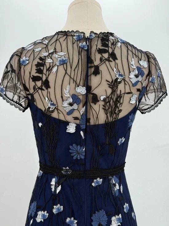 Monique Lhuillier Navy Blue Floral Embroidered Lace Midi Evening Cocktail Dress - Picture 7 of 16